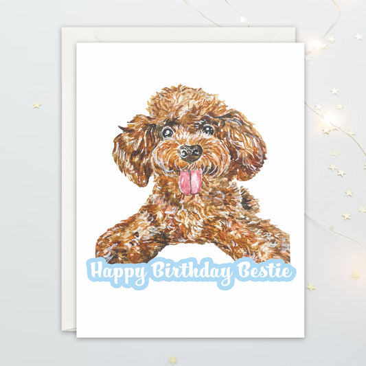 Birthday card with a brown dog illustration and 'Happy Birthday Bestie' text on a white background.