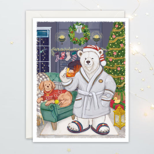Greeting Card Illustration of a polar bear in a robe and slippers, sitting on a couch with a dog, in a festive room with Christmas decorations.