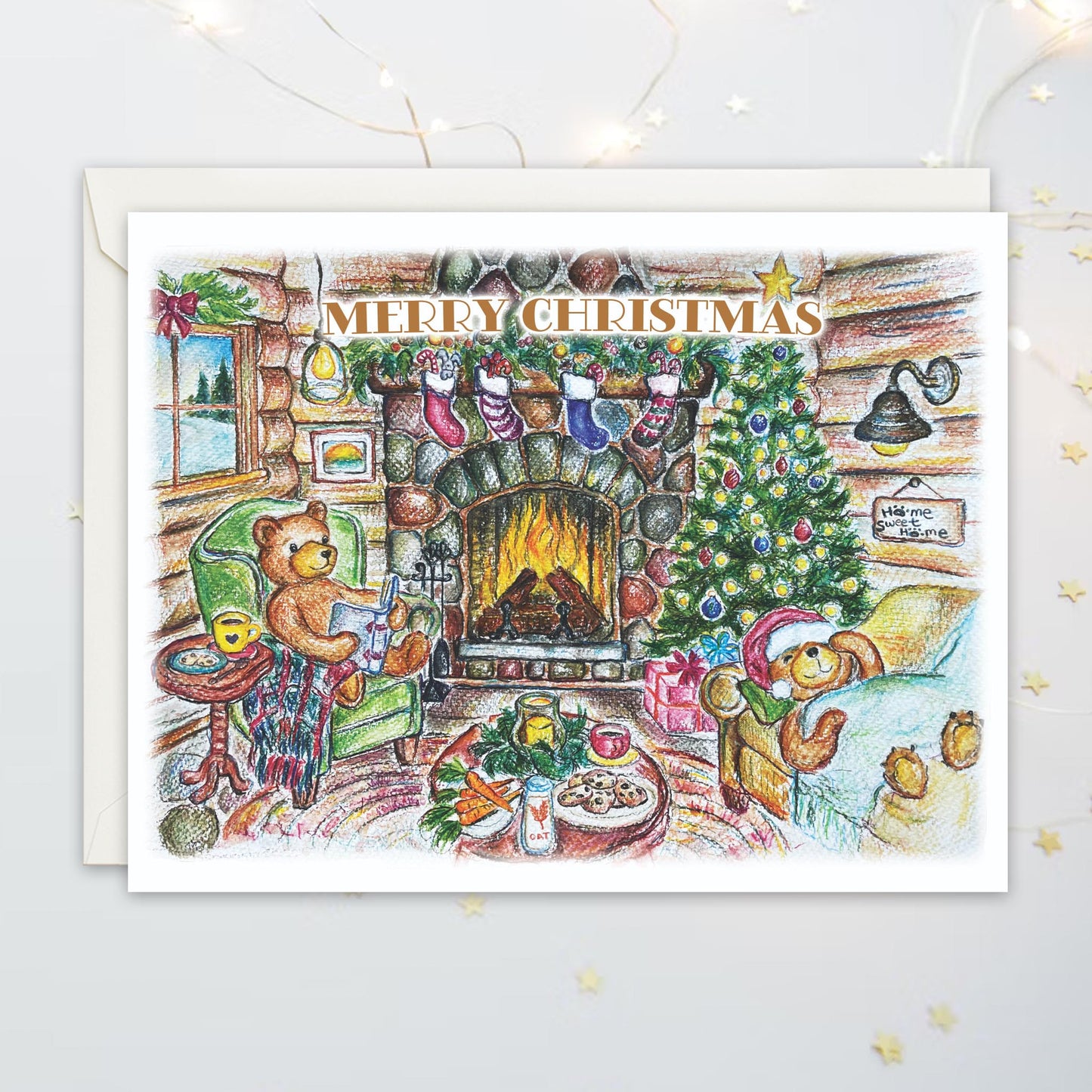 Christmas card with teddy bears by a cozy fireplace and Christmas tree, napping and reading, with cookies, milk, and carrots on the table
