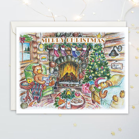 Christmas card with teddy bears by a cozy fireplace and Christmas tree, napping and reading, with cookies, milk, and carrots on the table
