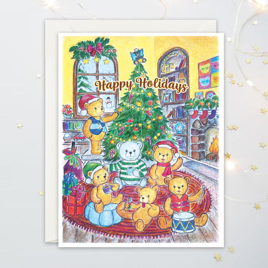 Greeting card illustration of festive teddy bears around a Christmas tree in a cozy home with bookshelves and fireplace. 'Happy Holidays' text