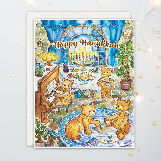 Illustration of teddy bears around a menorah, sugar donuts, piano music with 'Happy Hanukkah' text on a decorative card.