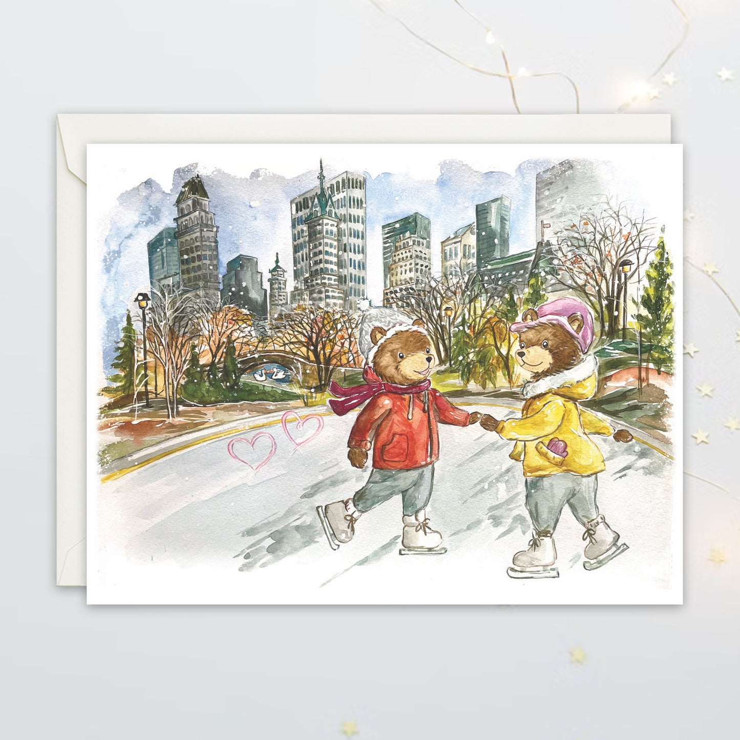 Illustration of two bears holding hands on an ice rink with a towers of new york city in the background.
