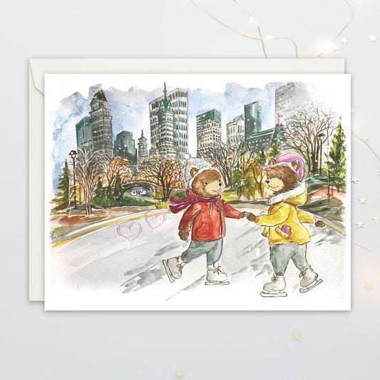 Illustration of two bears holding hands on an ice rink with a towers of new york city in the background.