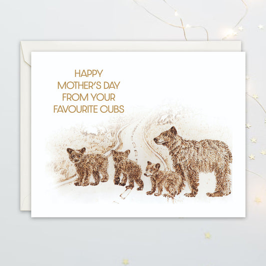 Mother's Day card with bear family illustration and text on a light gray background. text says Happy mother's day from your favourite cubs