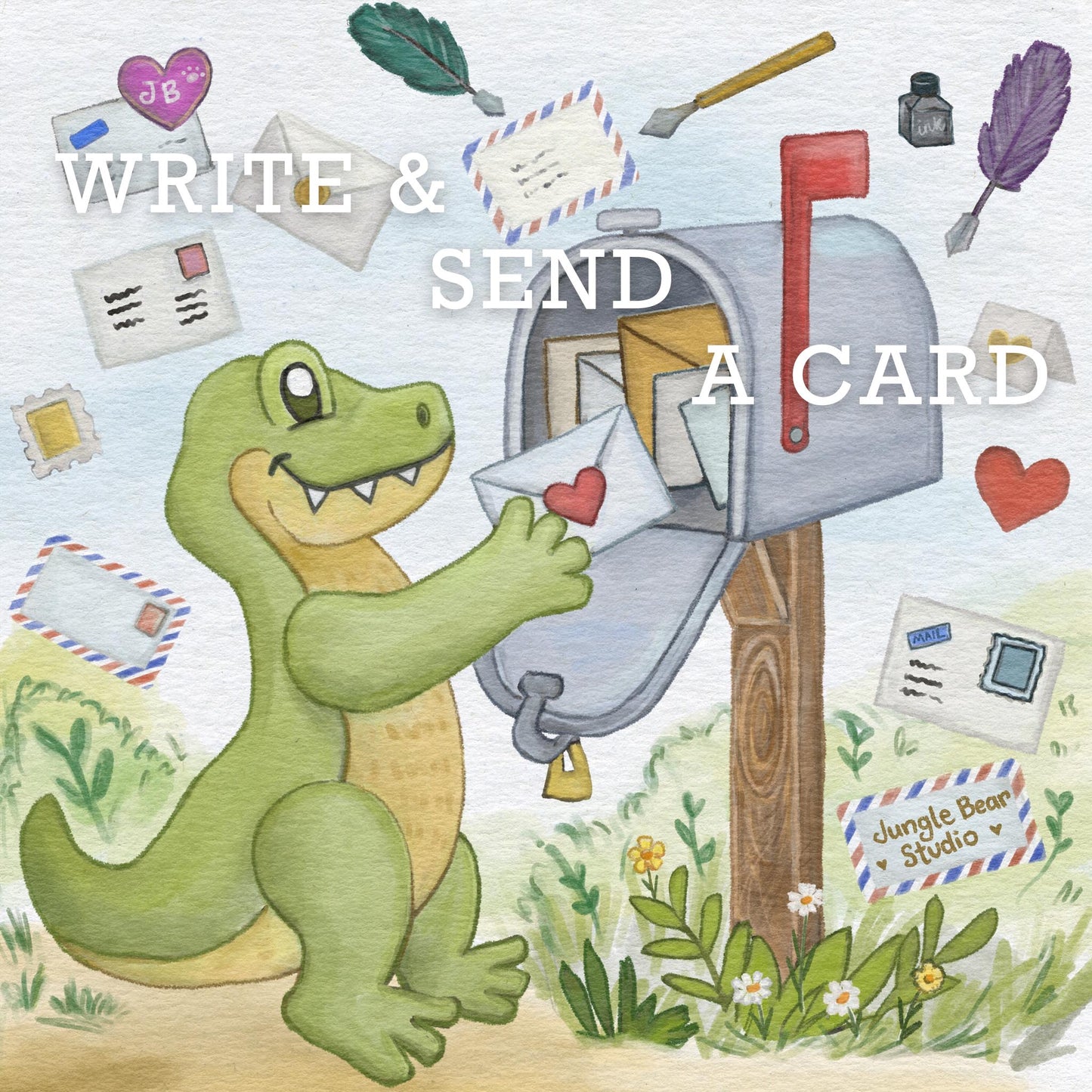 A dinosaur writing and sending a card with a mailbox and stationery items. Text overlay: "Write & Send A Card"