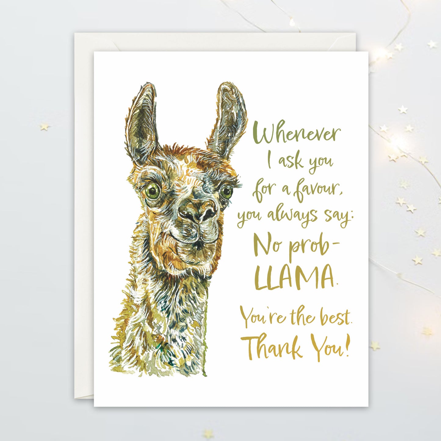 Poster with a llama illustration and humorous text on a light gray background
