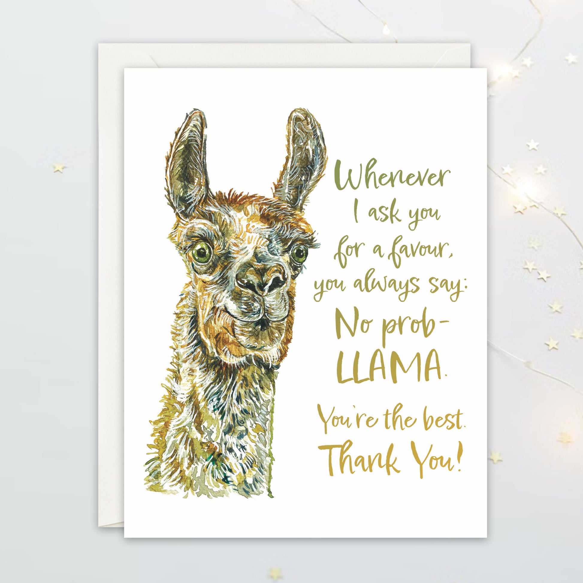 Poster with a llama illustration and humorous text on a light gray background