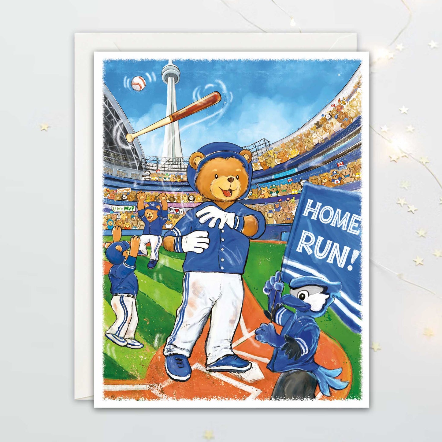 Illustration of a teddy bear in a baseball uniform with a 'Home Run!' sign in a stadium.
