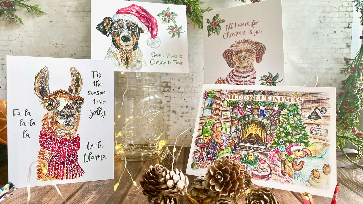 Christmas and holiday cards with teddy bears, llamas, santa dogs - all hand-drawn