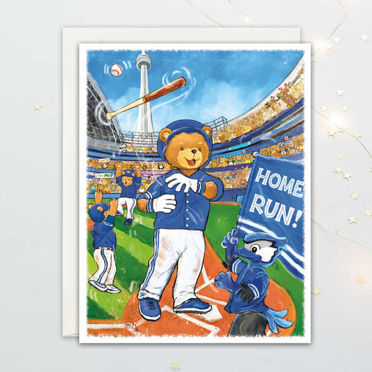 Illustration of a teddy bear in a baseball uniform with a 'Home Run!' sign in a stadium. 