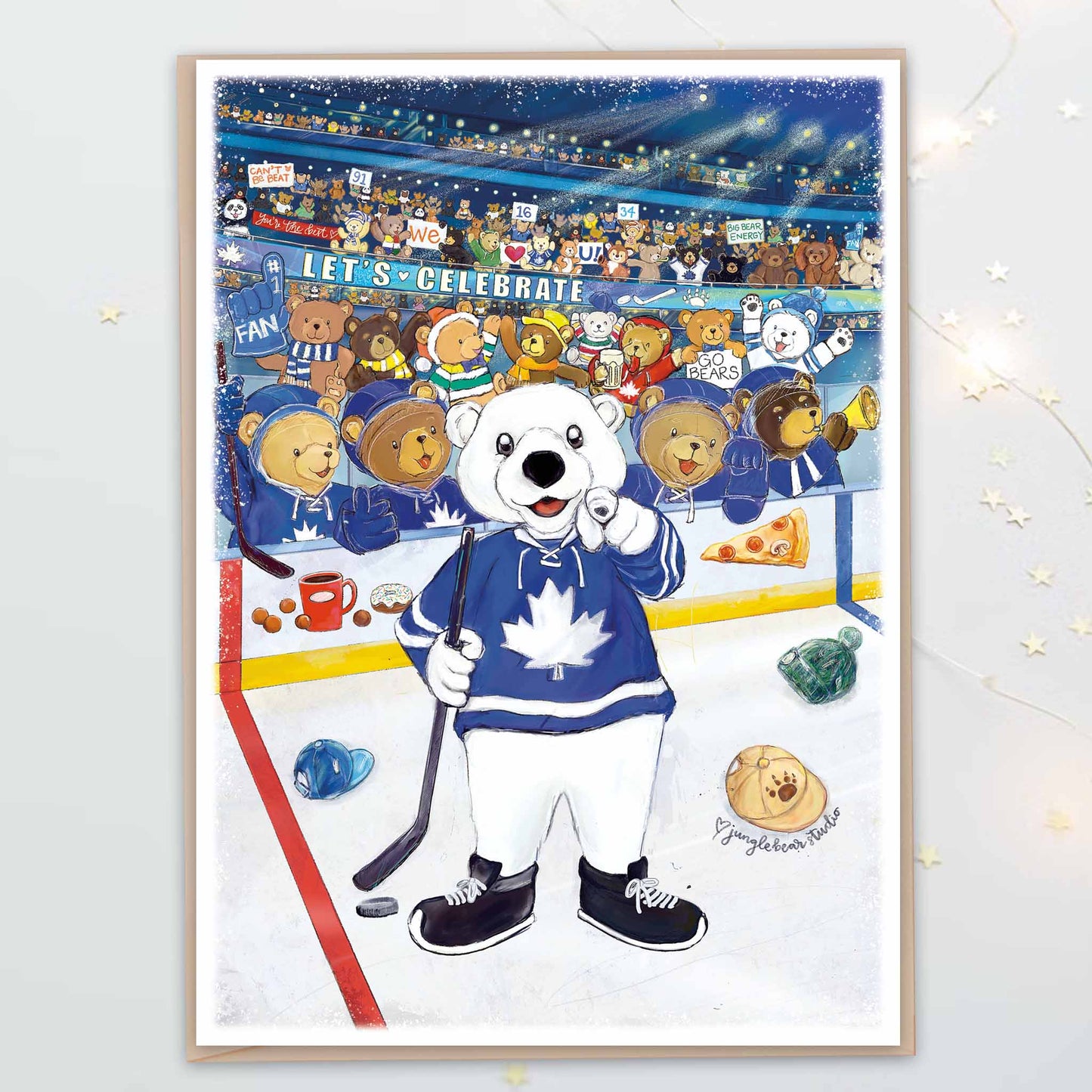 Illustrated greeting card of Toronto hockey fans in a stadium, with bears dressed as hockey players. A bear mascot points toward the viewer as fans toss hats onto the ice.
