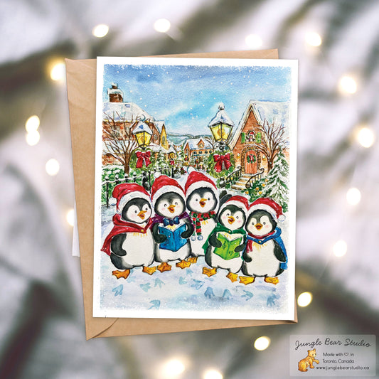 Illustration of charming penguin carolers dressed in festive attire, standing in a snowy village, singing with songbooks, creating a heartwarming winter scene.